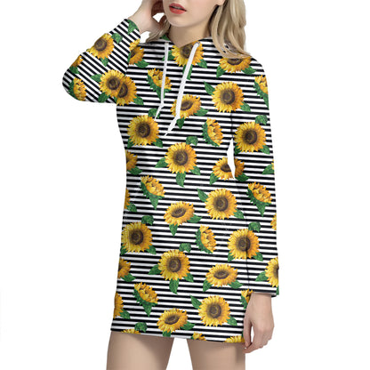 Stripe Sunflower Pattern Print Hoodie Dress