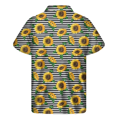 Stripe Sunflower Pattern Print Men's Short Sleeve Shirt