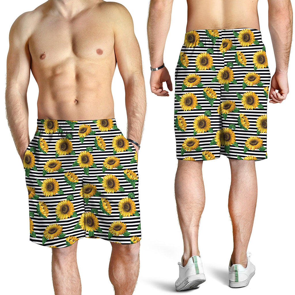 Stripe Sunflower Pattern Print Men's Shorts