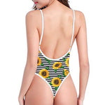 Stripe Sunflower Pattern Print One Piece High Cut Swimsuit
