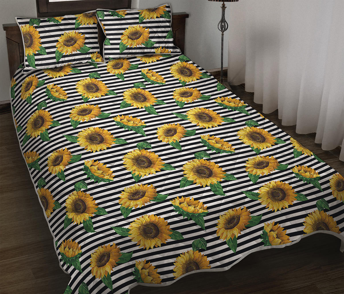 Stripe Sunflower Pattern Print Quilt Bed Set