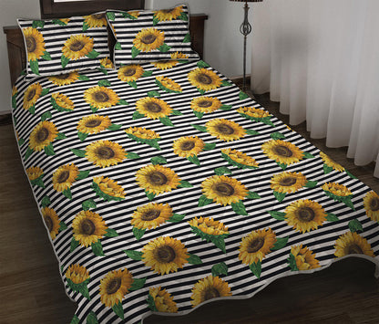 Stripe Sunflower Pattern Print Quilt Bed Set