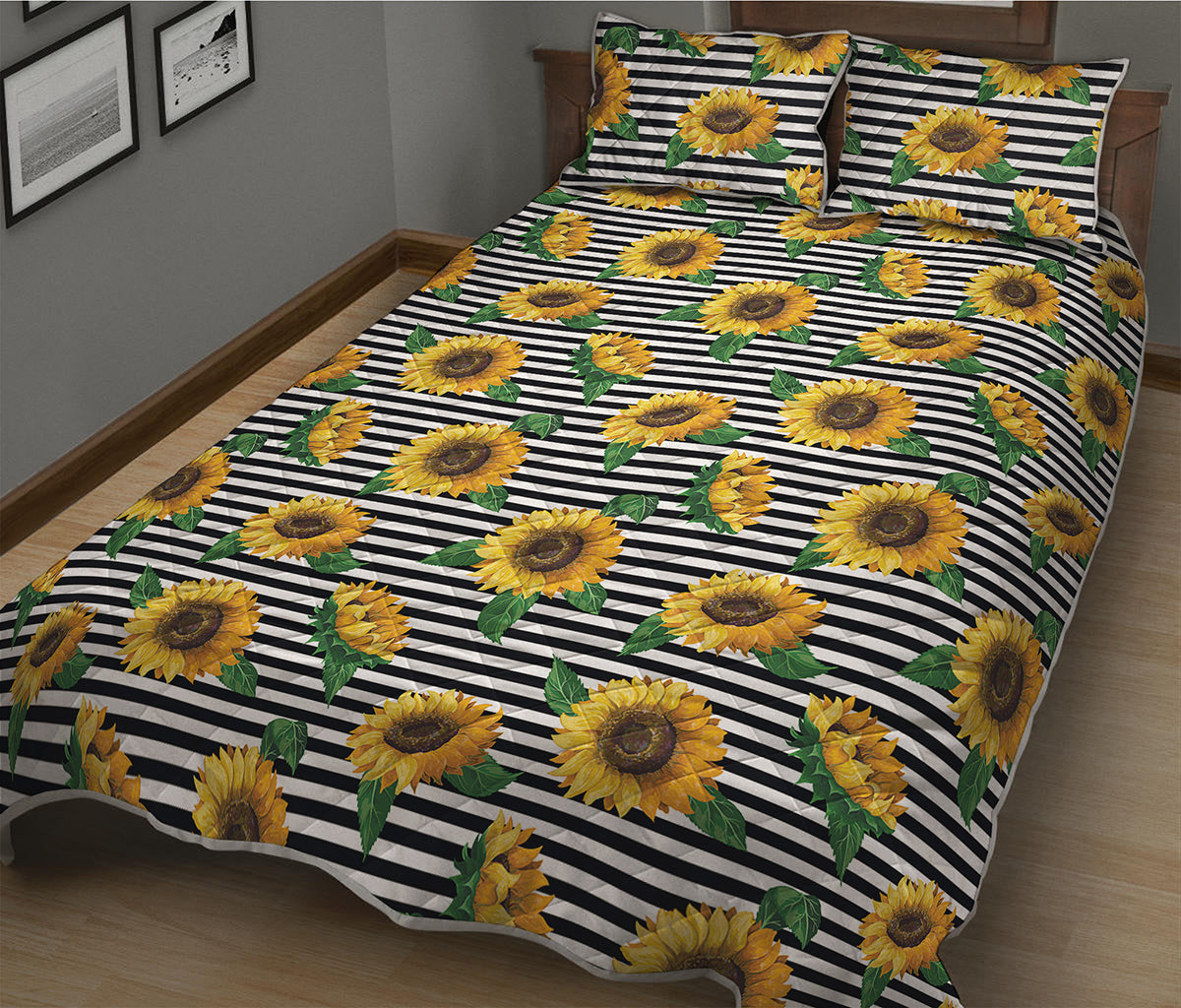 Stripe Sunflower Pattern Print Quilt Bed Set