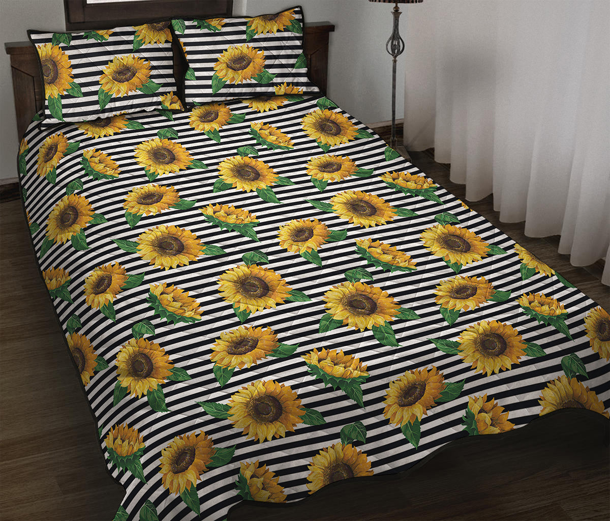Stripe Sunflower Pattern Print Quilt Bed Set