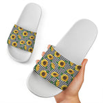 Stripe Sunflower Pattern Print White Slide Sandals