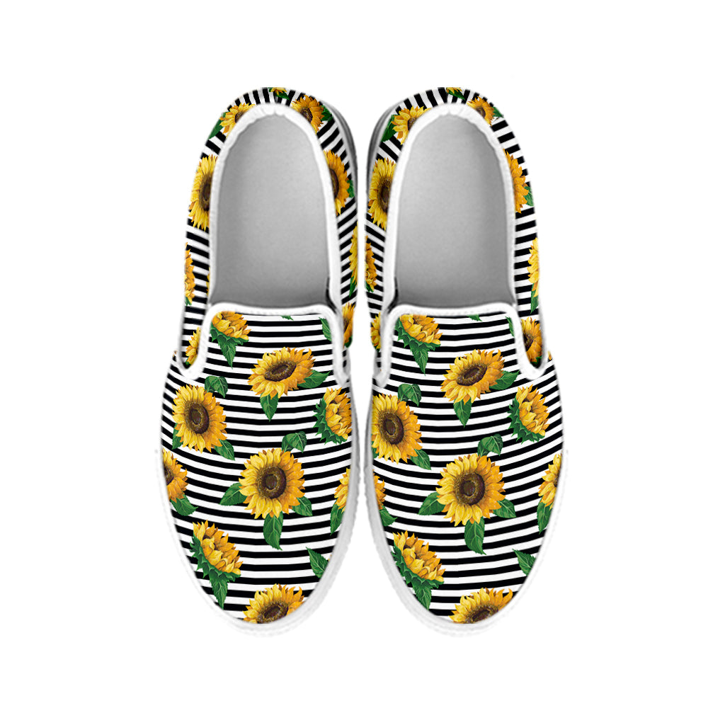 Stripe Sunflower Pattern Print White Slip On Shoes