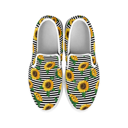 Stripe Sunflower Pattern Print White Slip On Shoes