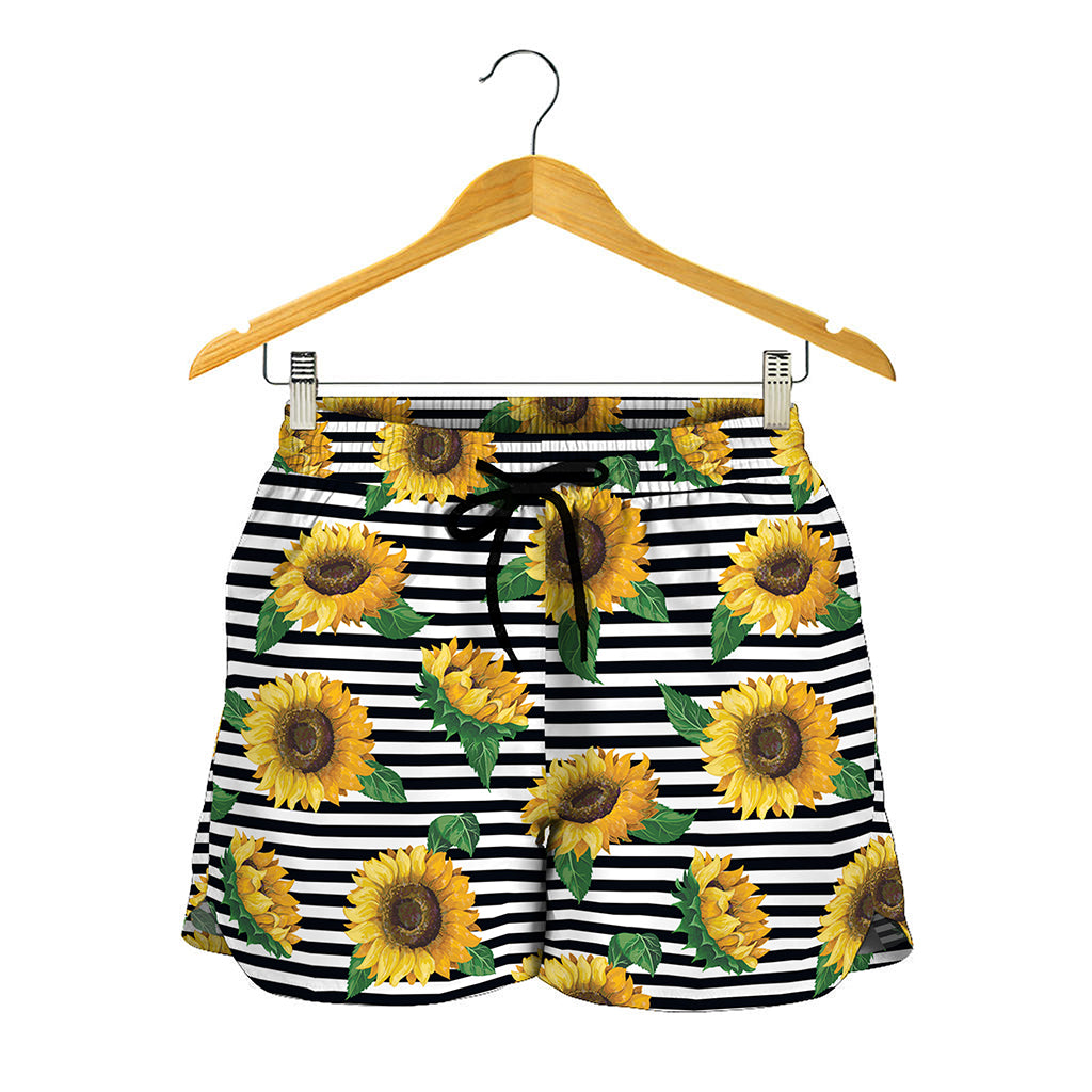 Stripe Sunflower Pattern Print Women's Shorts