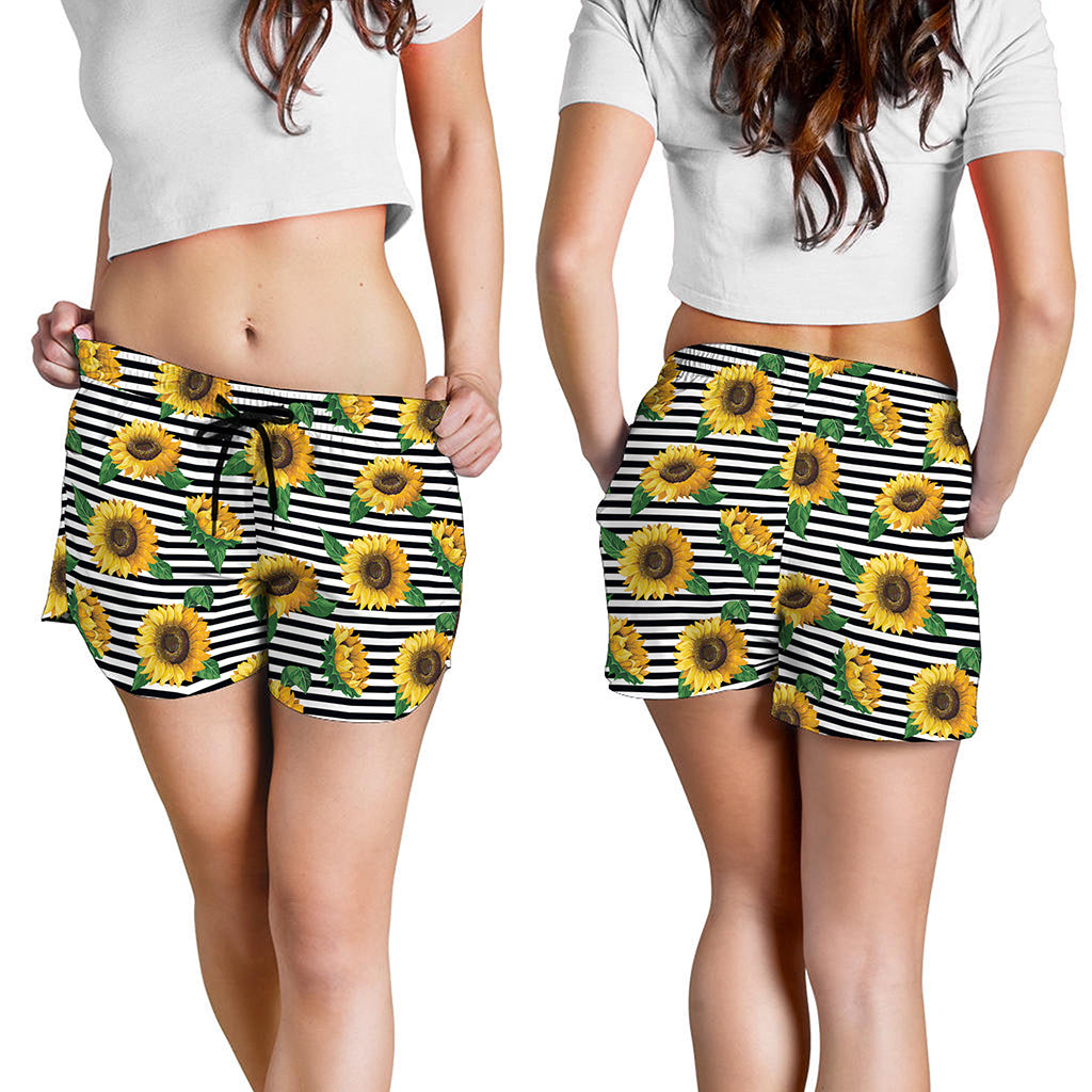 Stripe Sunflower Pattern Print Women's Shorts