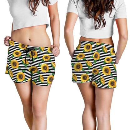 Stripe Sunflower Pattern Print Women's Shorts