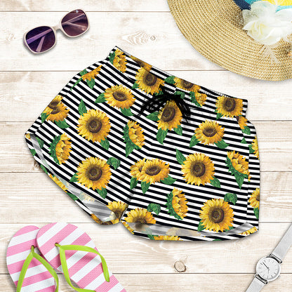 Stripe Sunflower Pattern Print Women's Shorts