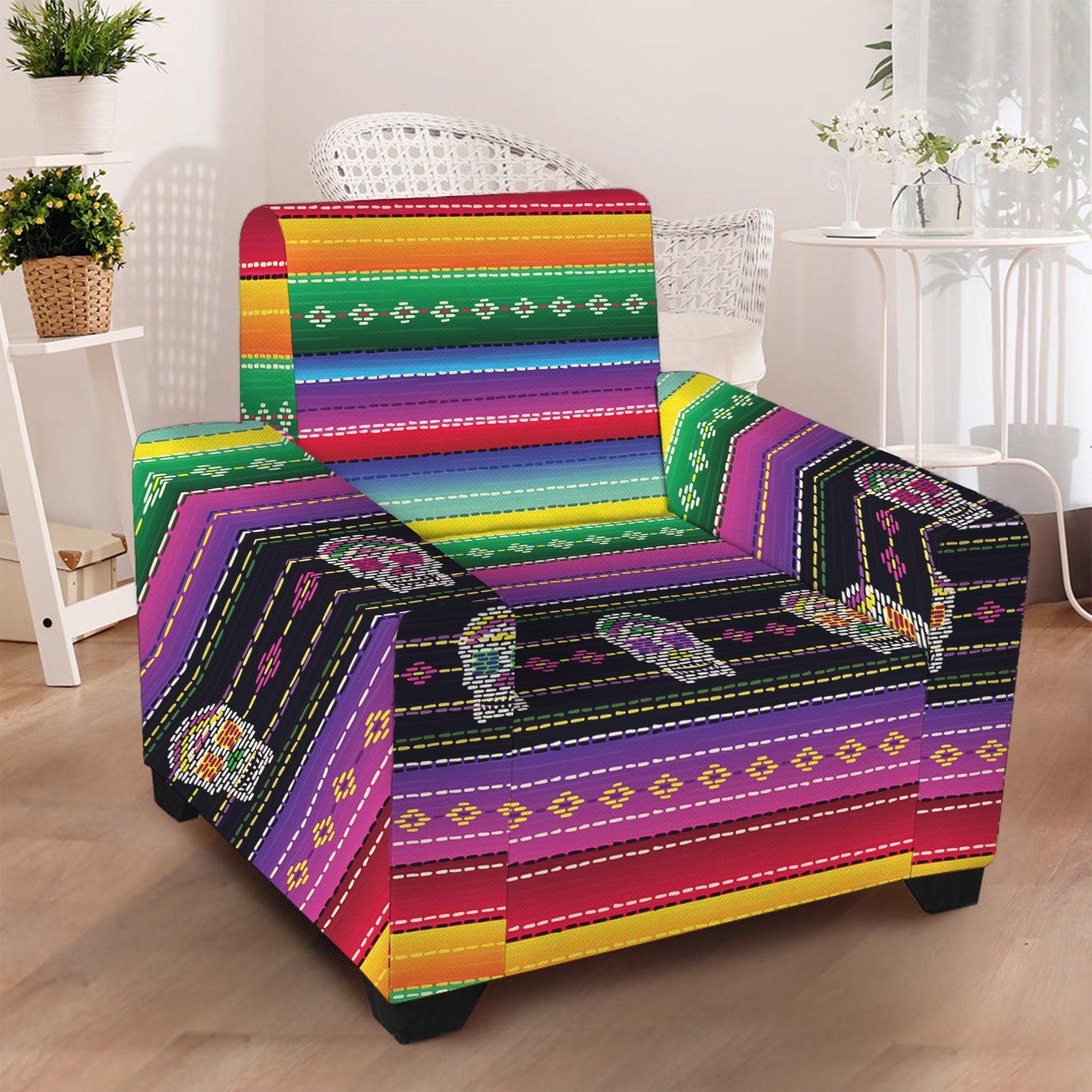 Sugar Skull Mexican Serape Pattern Print Armchair Slipcover