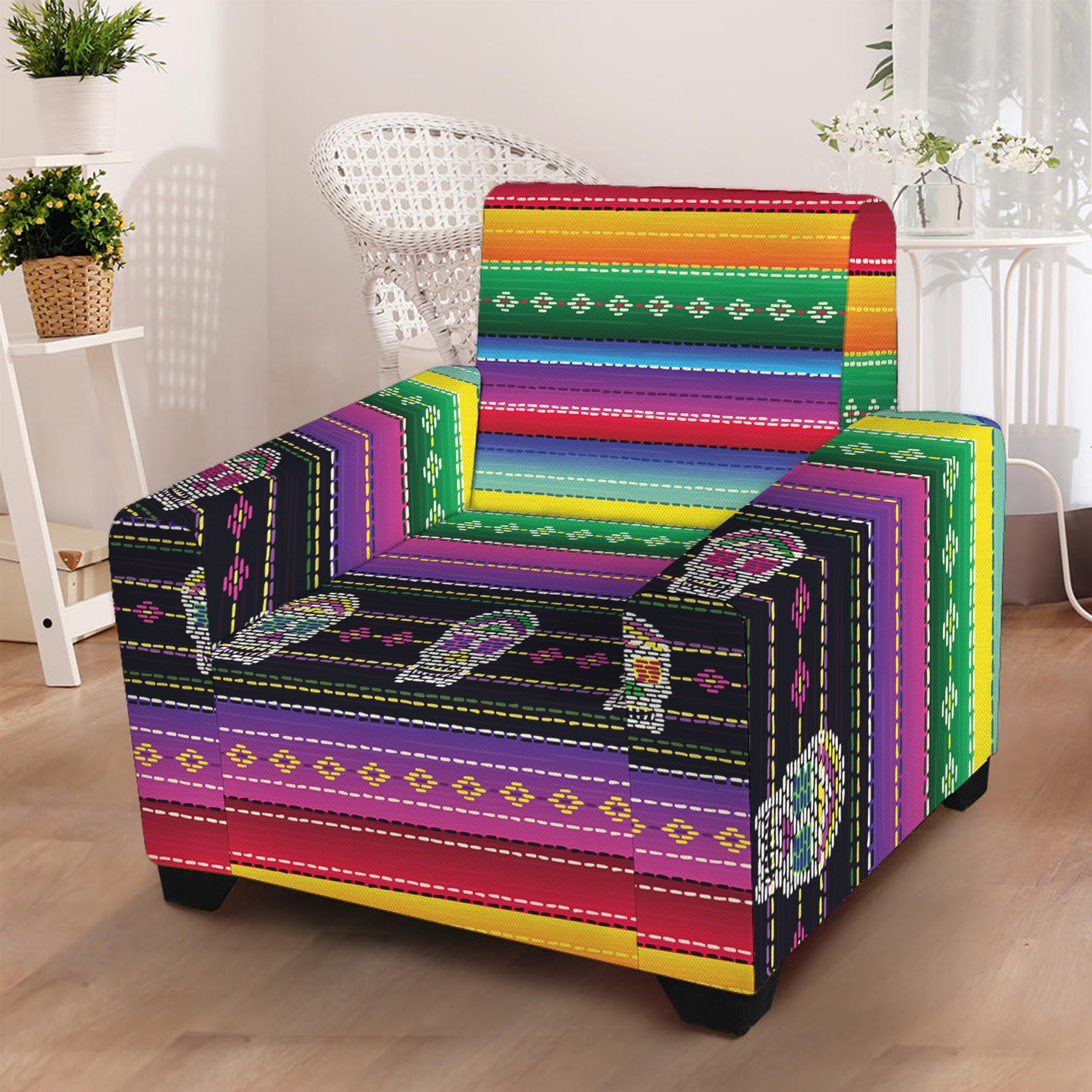 Sugar Skull Mexican Serape Pattern Print Armchair Slipcover