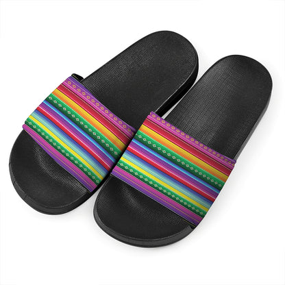 Sugar Skull Mexican Serape Pattern Print Black Slide Sandals