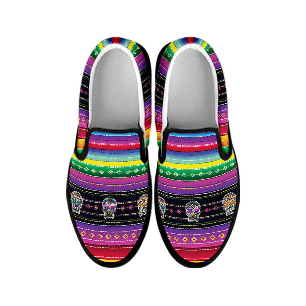 Sugar Skull Mexican Serape Pattern Print Black Slip On Shoes