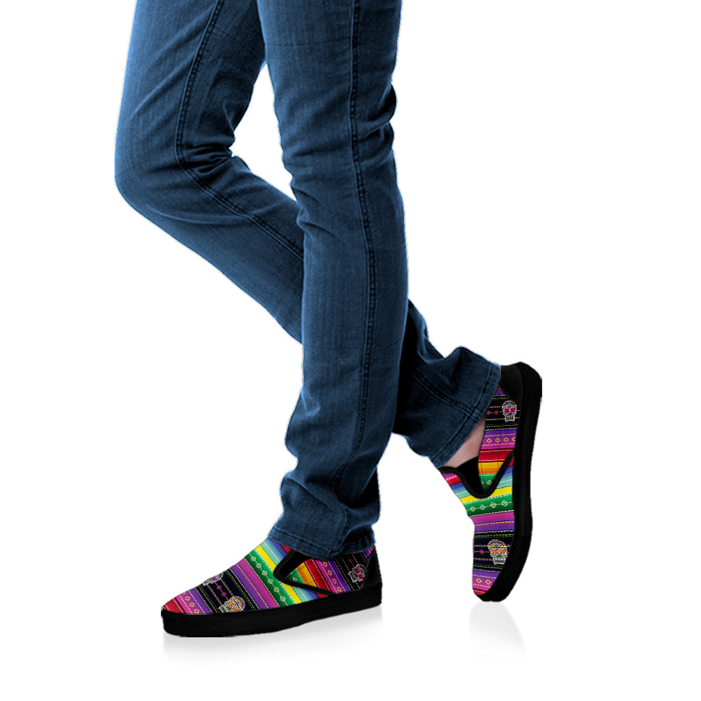 Sugar Skull Mexican Serape Pattern Print Black Slip On Shoes