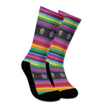 Sugar Skull Mexican Serape Pattern Print Crew Socks