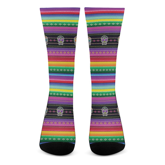 Sugar Skull Mexican Serape Pattern Print Crew Socks