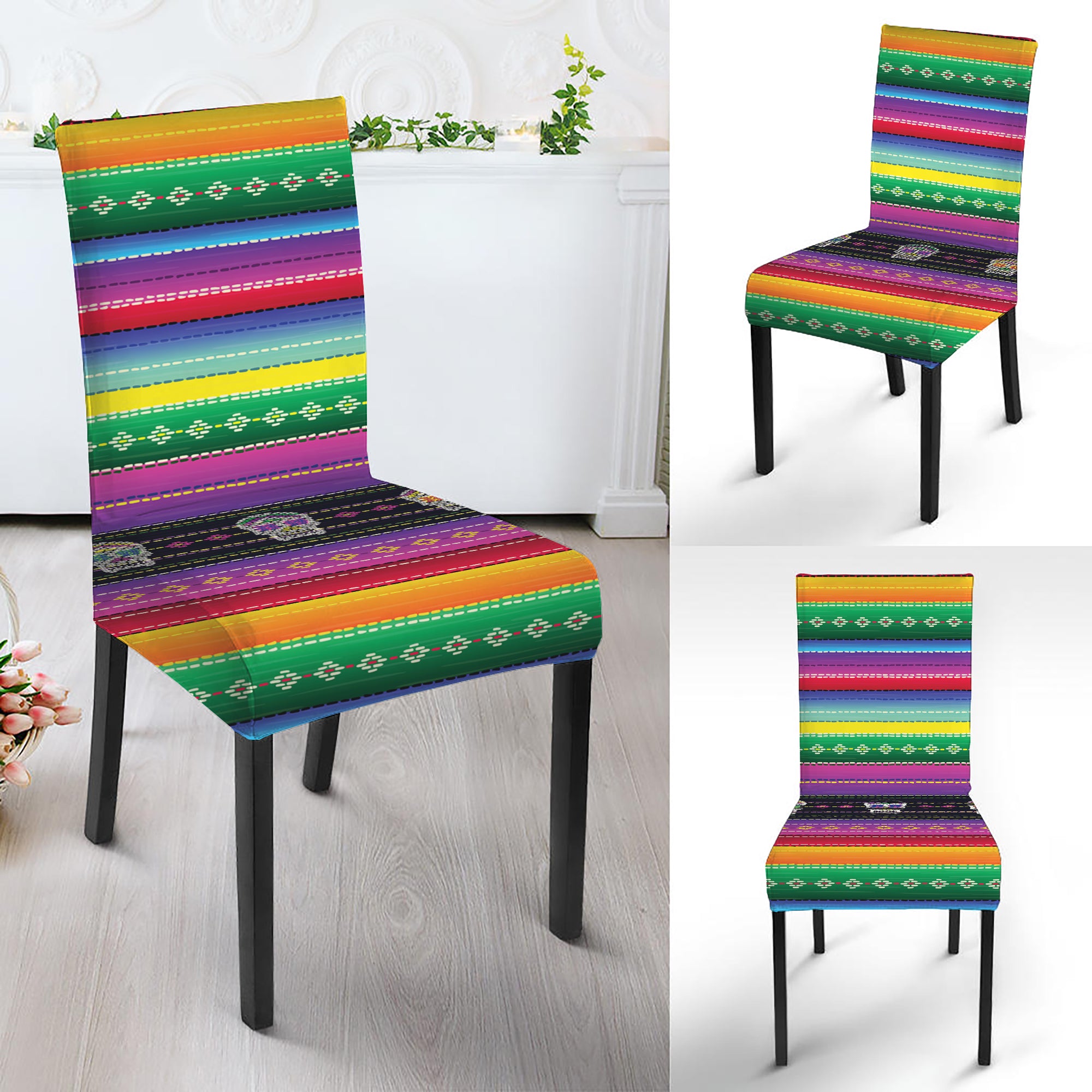 Sugar Skull Mexican Serape Pattern Print Dining Chair Slipcover