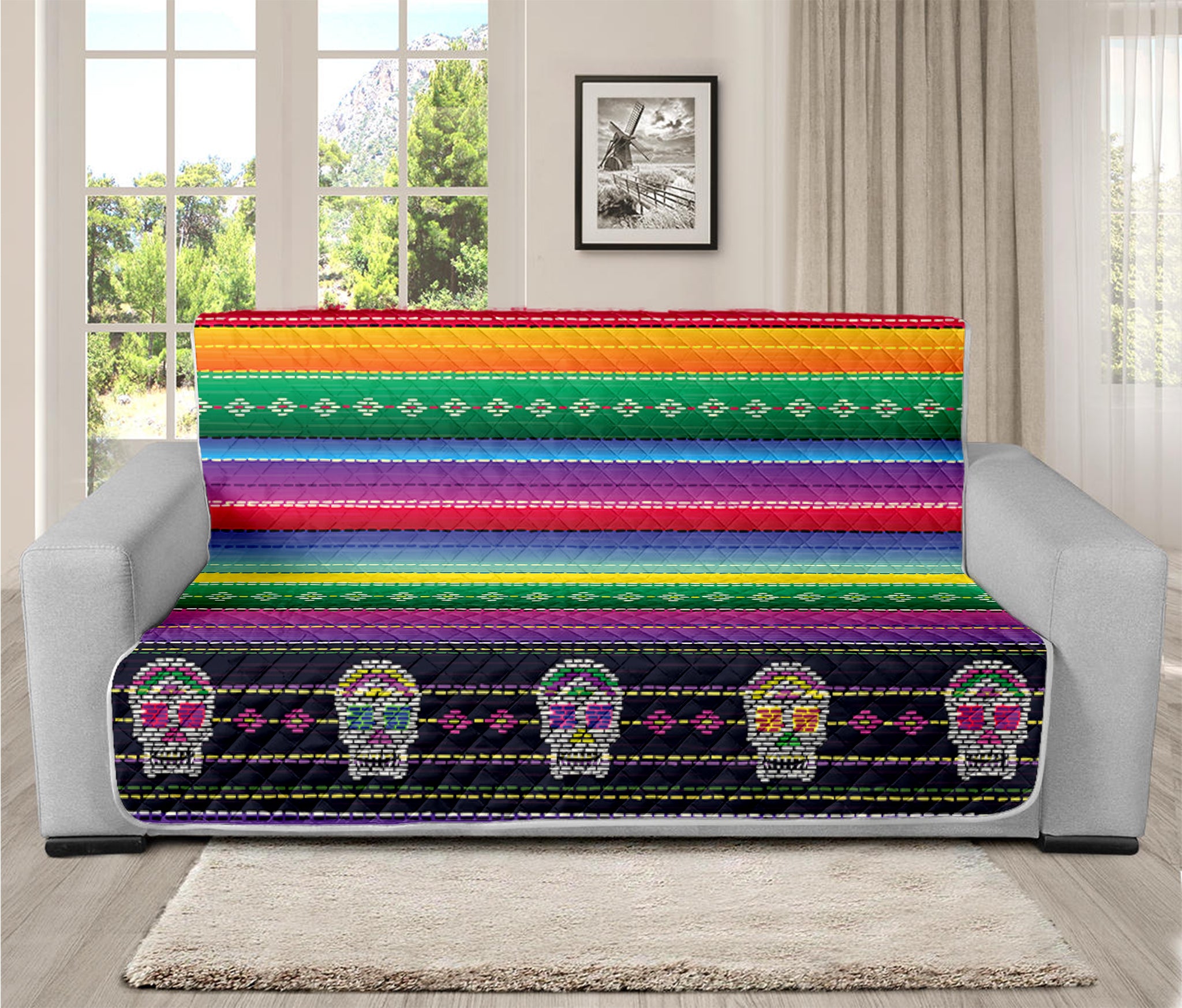 Sugar Skull Mexican Serape Pattern Print Futon Protector