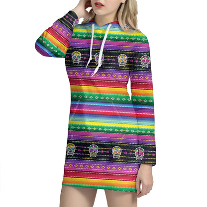Sugar Skull Mexican Serape Pattern Print Hoodie Dress