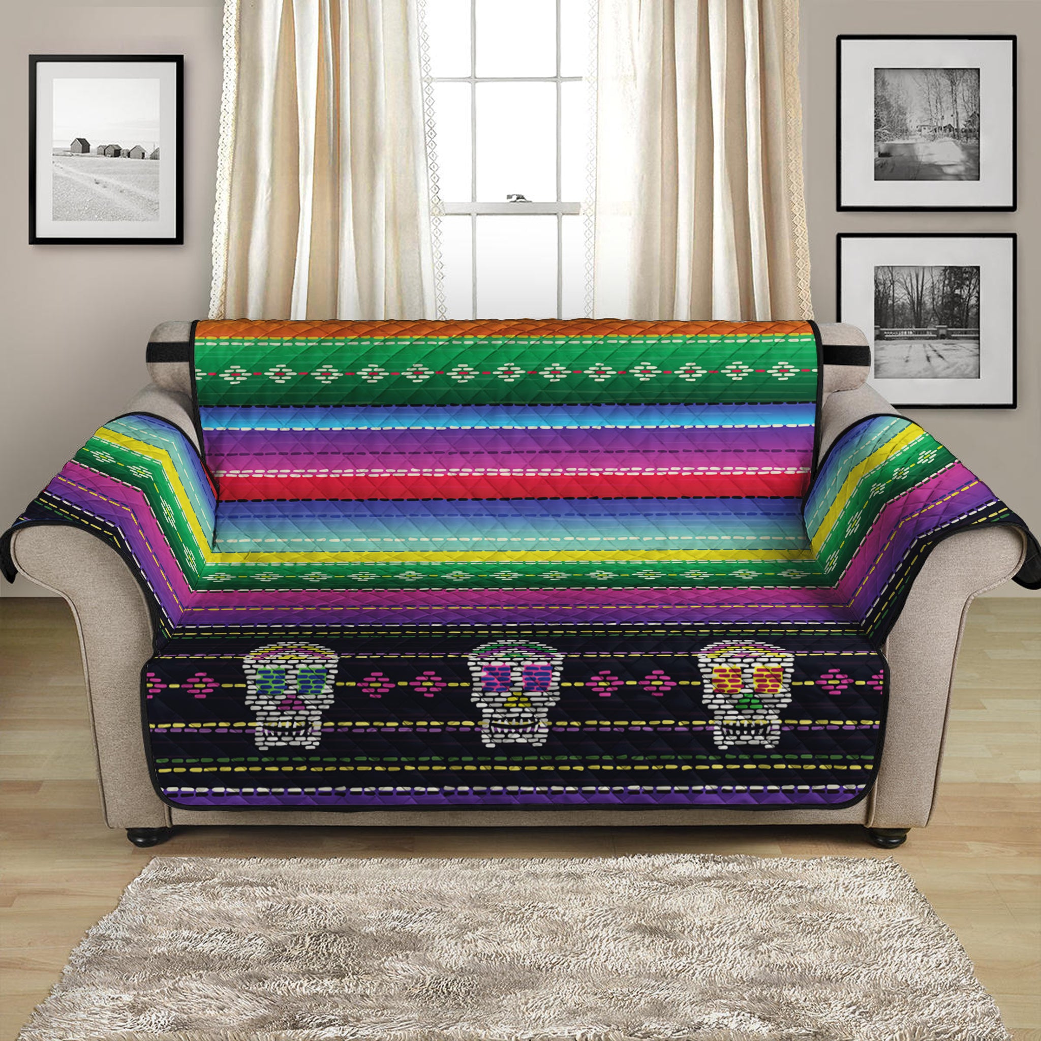 Sugar Skull Mexican Serape Pattern Print Loveseat Protector