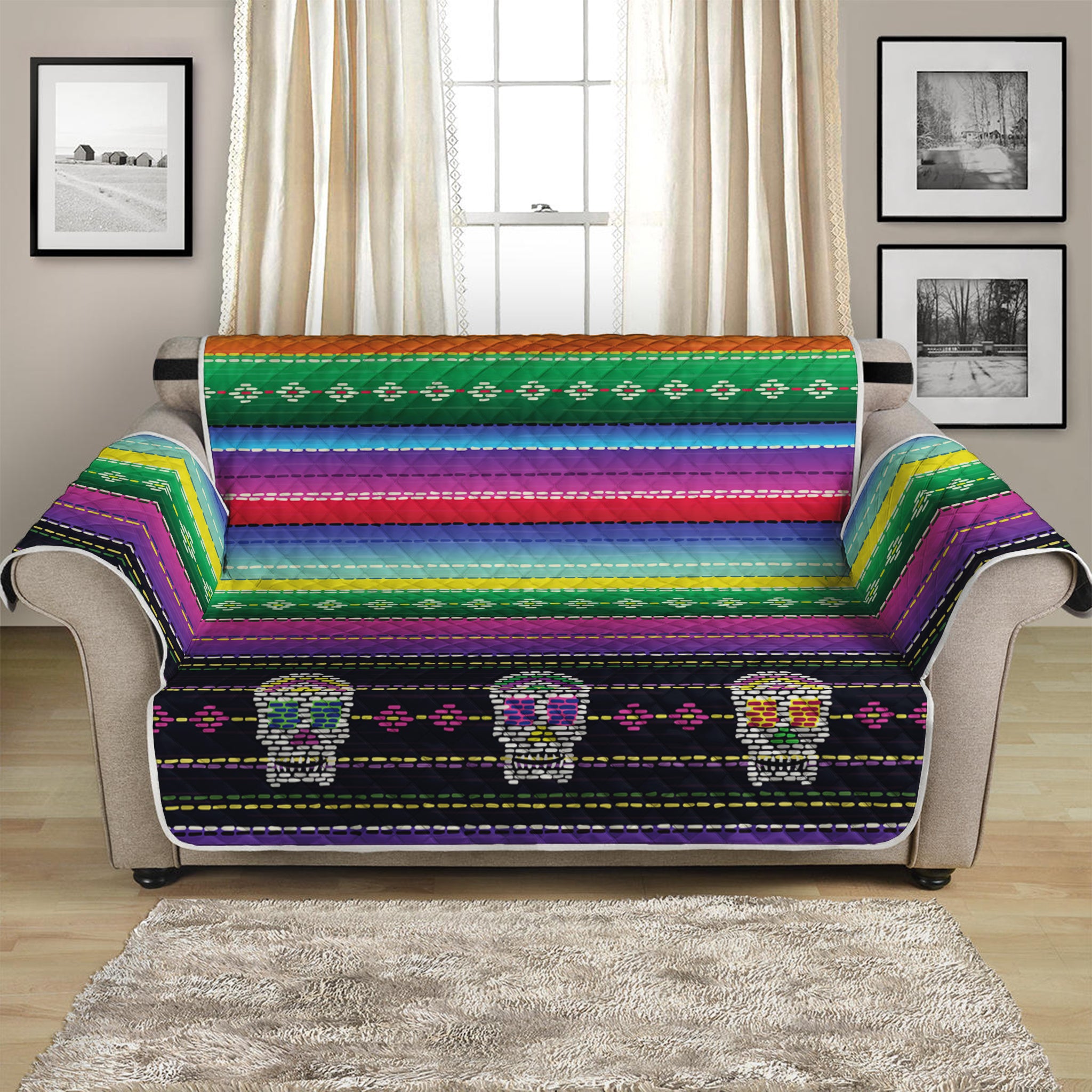 Sugar Skull Mexican Serape Pattern Print Loveseat Protector