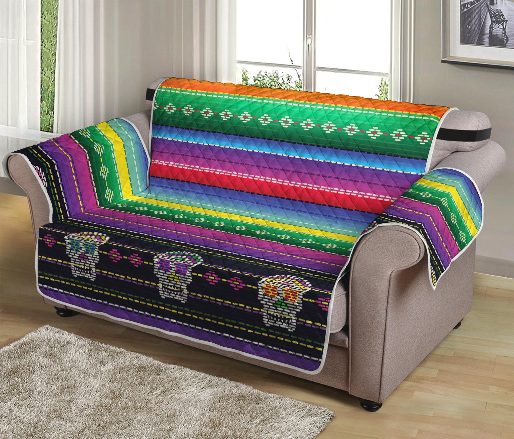 Sugar Skull Mexican Serape Pattern Print Loveseat Protector