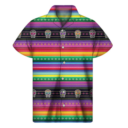 Sugar Skull Mexican Serape Pattern Print Men's Short Sleeve Shirt