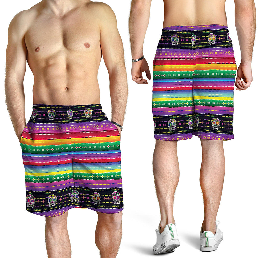 Sugar Skull Mexican Serape Pattern Print Men's Shorts