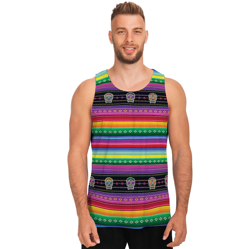 Sugar Skull Mexican Serape Pattern Print Men's Tank Top