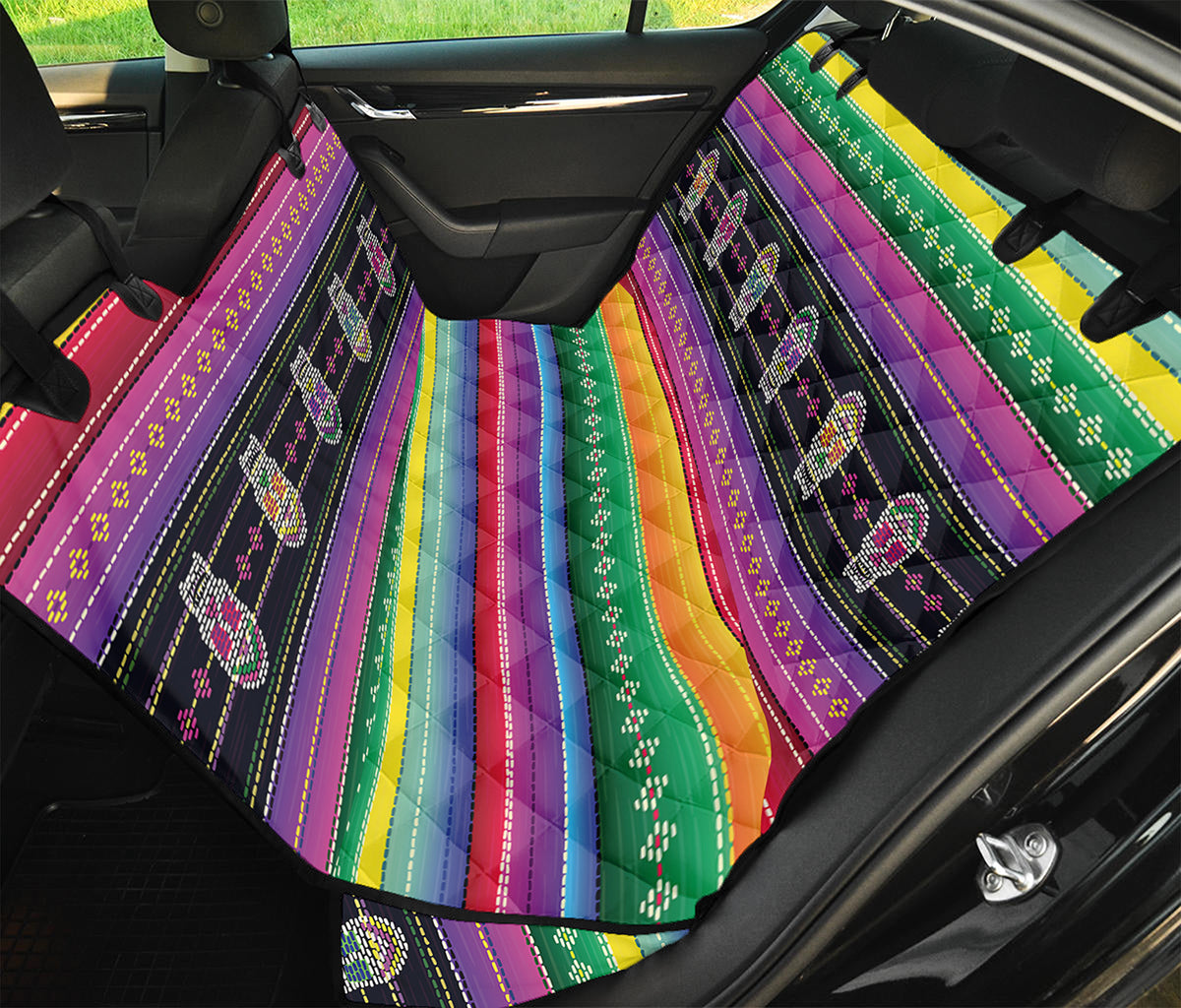 Sugar Skull Mexican Serape Pattern Print Pet Car Back Seat Cover