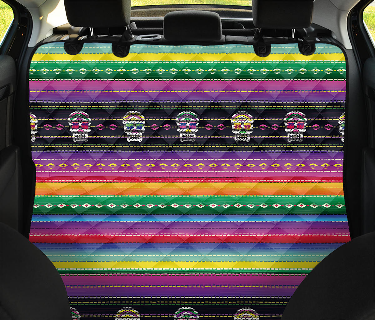Sugar Skull Mexican Serape Pattern Print Pet Car Back Seat Cover