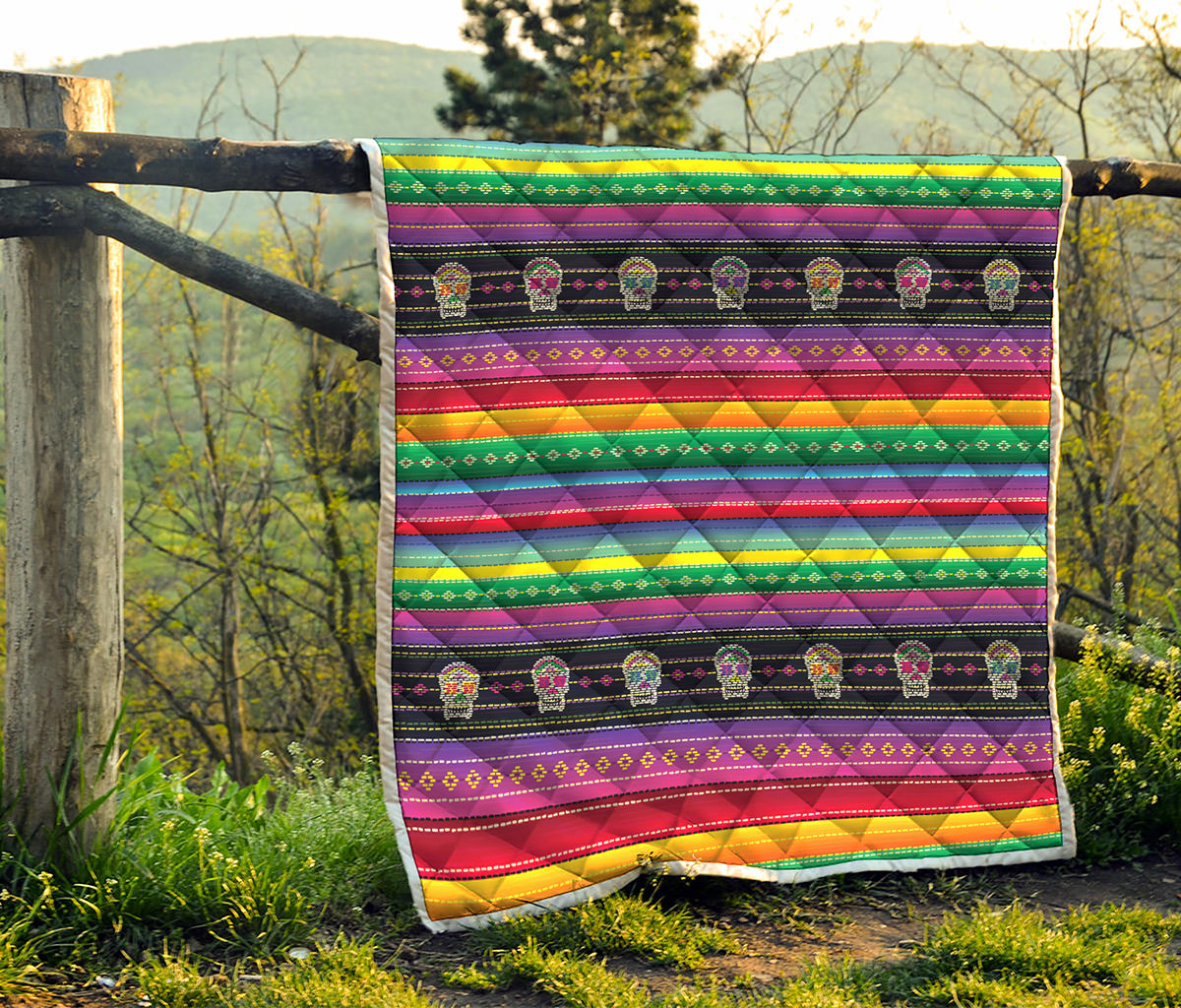 Sugar Skull Mexican Serape Pattern Print Quilt