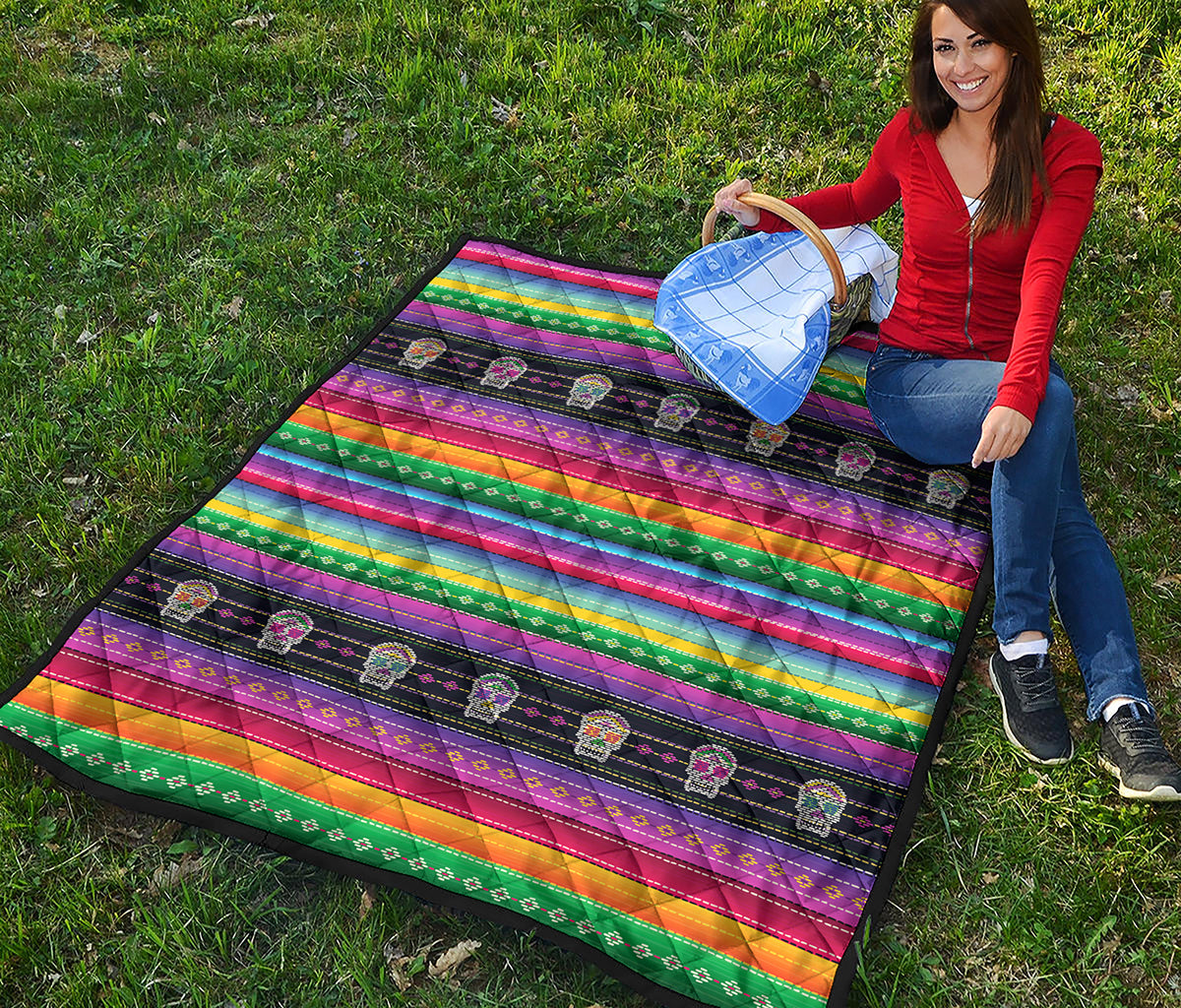 Sugar Skull Mexican Serape Pattern Print Quilt