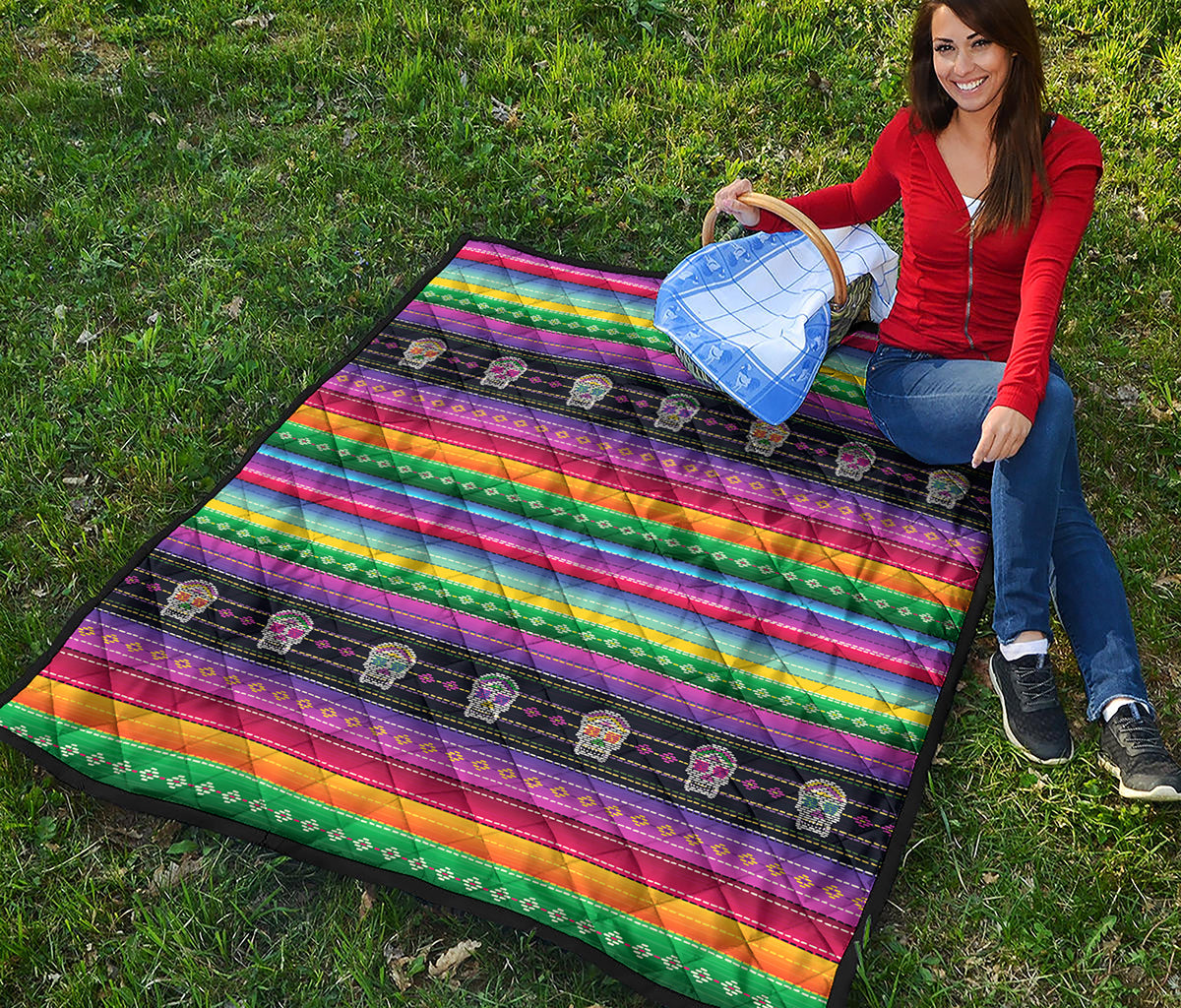 Sugar Skull Mexican Serape Pattern Print Quilt