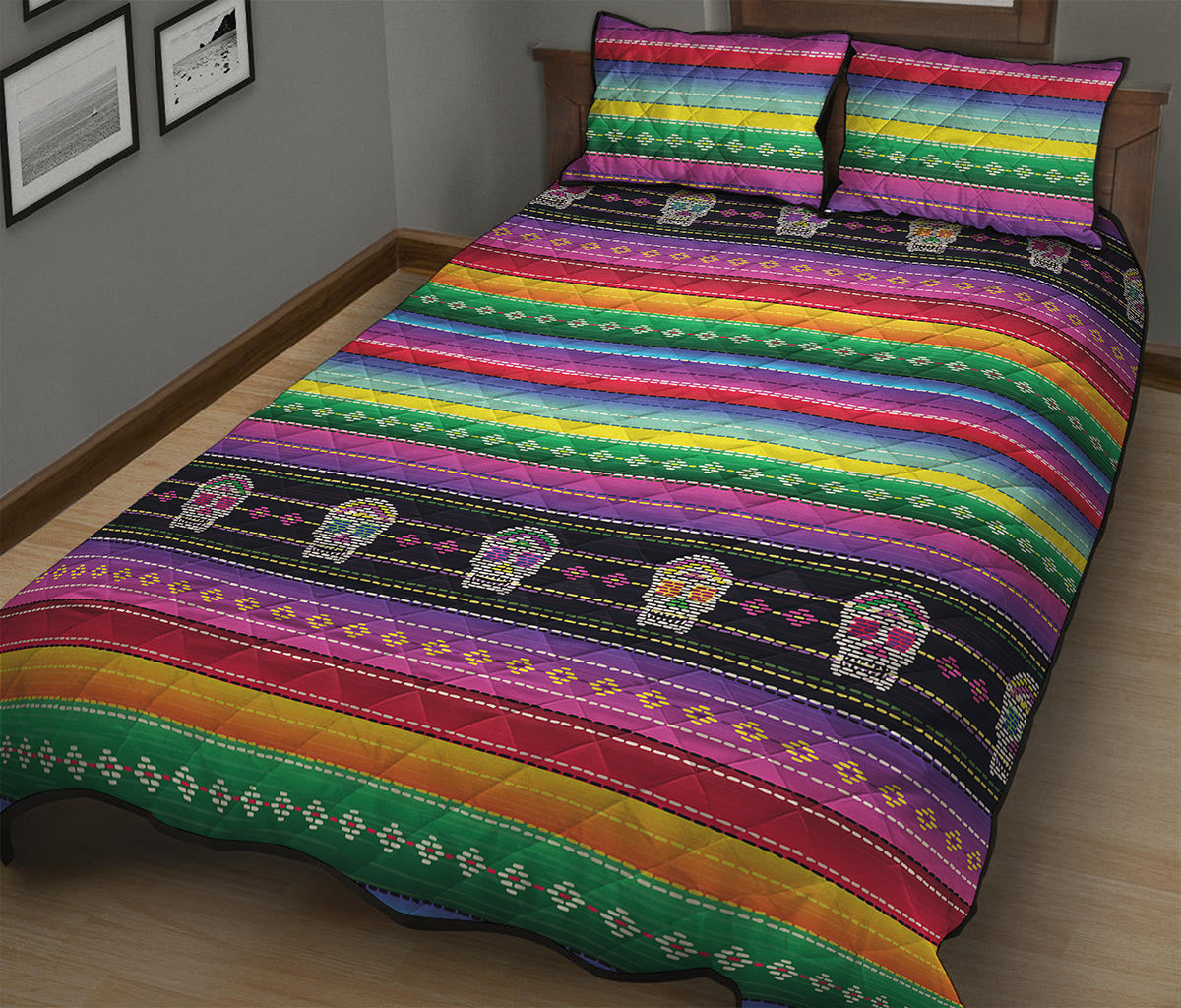 Sugar Skull Mexican Serape Pattern Print Quilt Bed Set