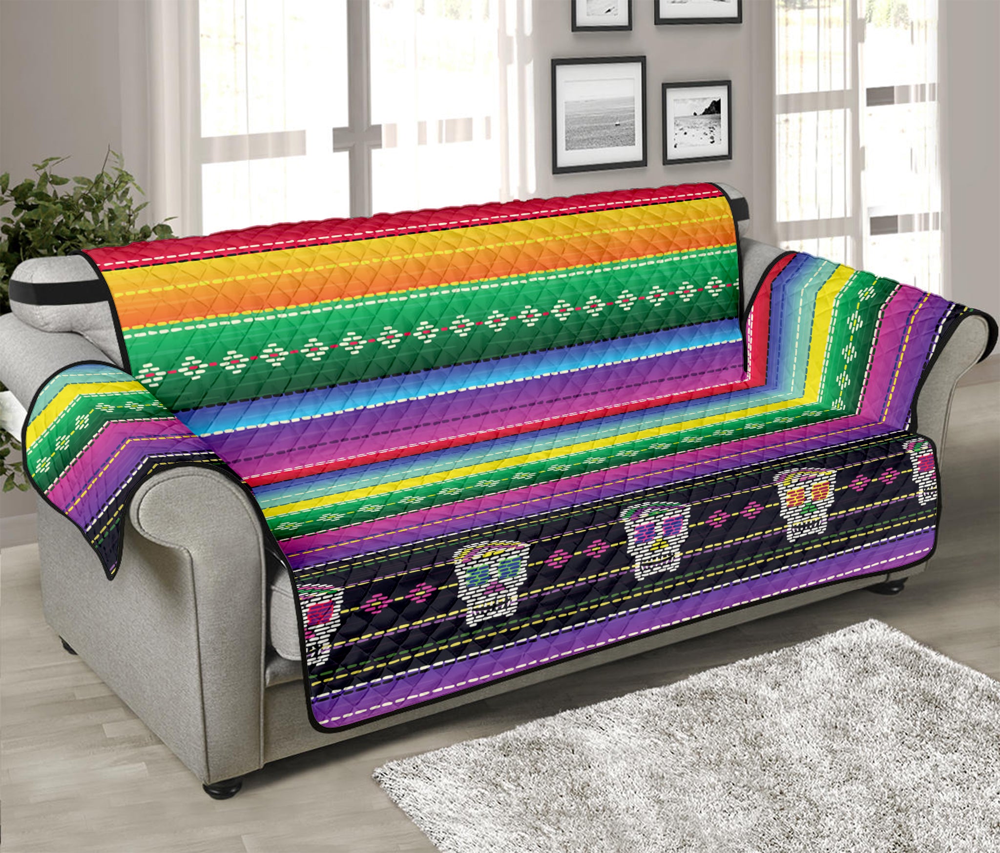 Sugar Skull Mexican Serape Pattern Print Sofa Protector