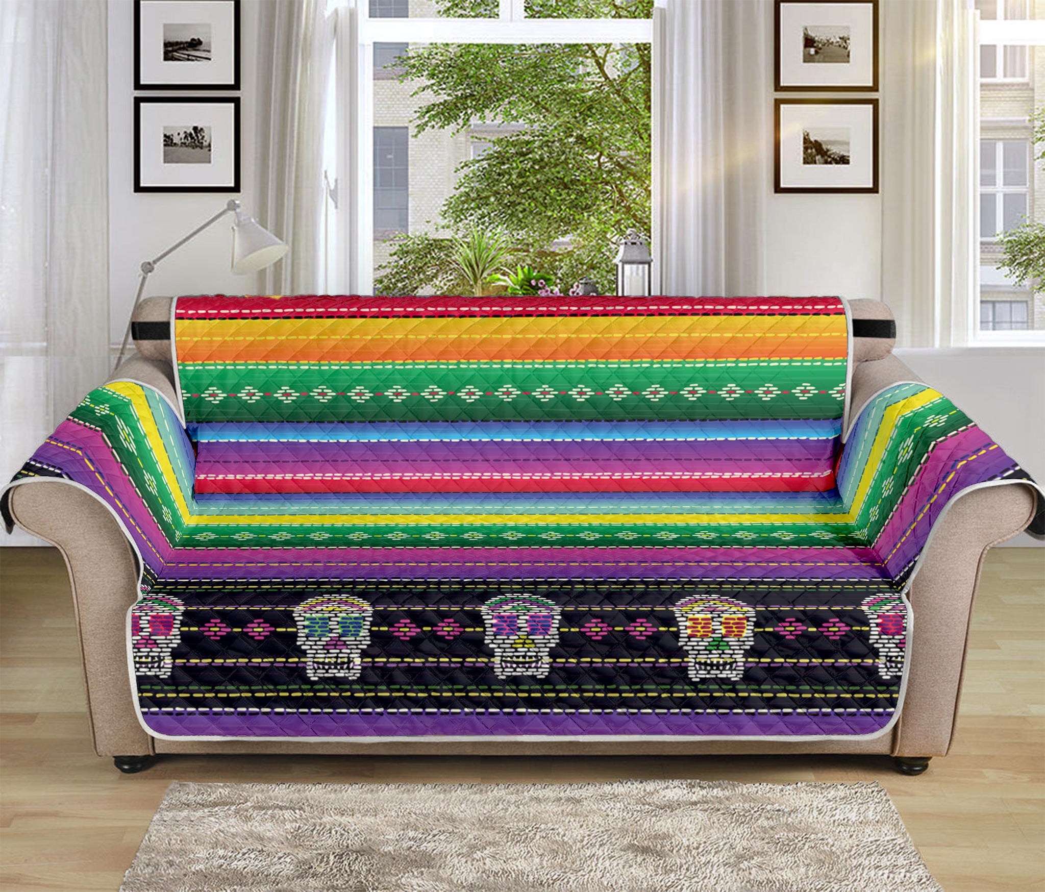 Sugar Skull Mexican Serape Pattern Print Sofa Protector