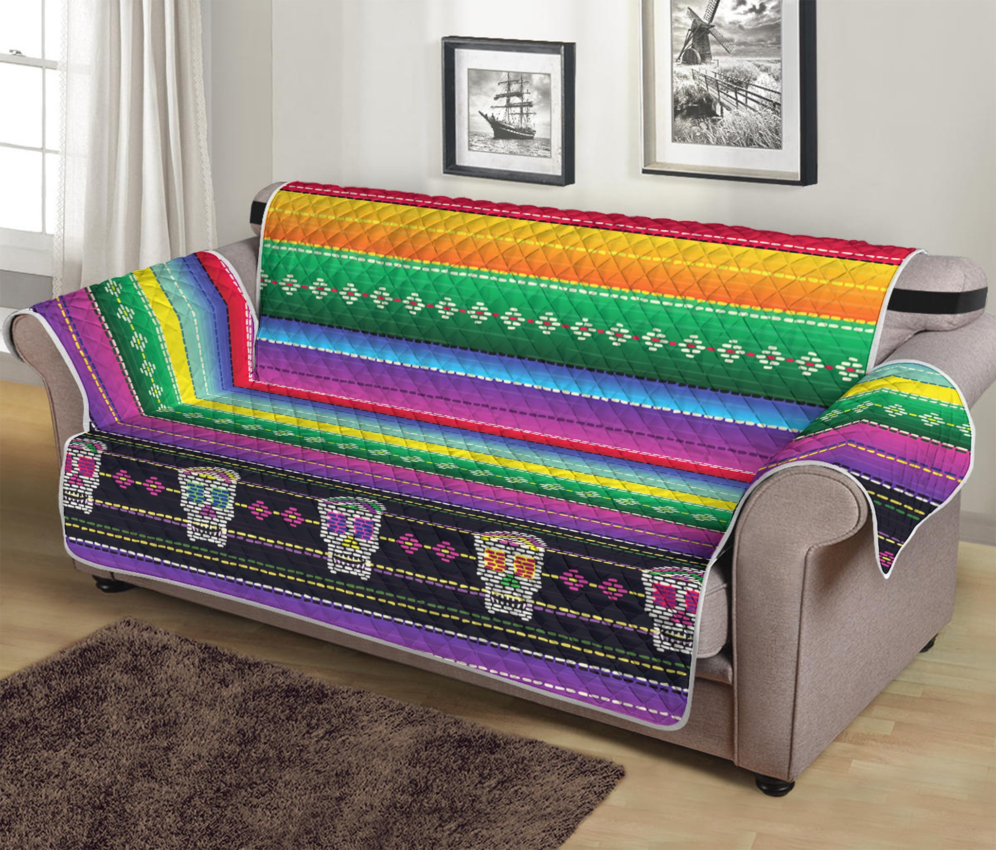 Sugar Skull Mexican Serape Pattern Print Sofa Protector