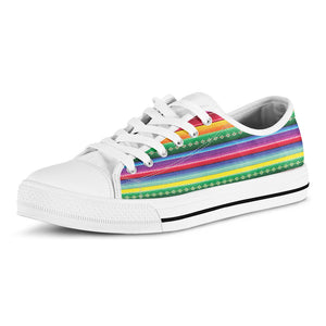 Sugar Skull Mexican Serape Pattern Print White Low Top Shoes