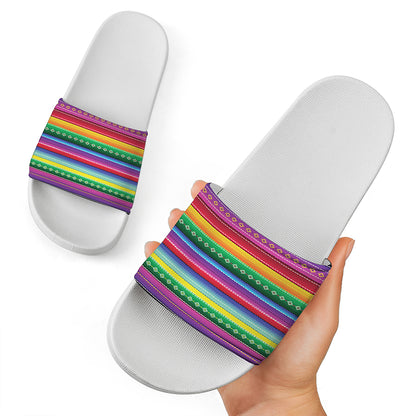 Sugar Skull Mexican Serape Pattern Print White Slide Sandals