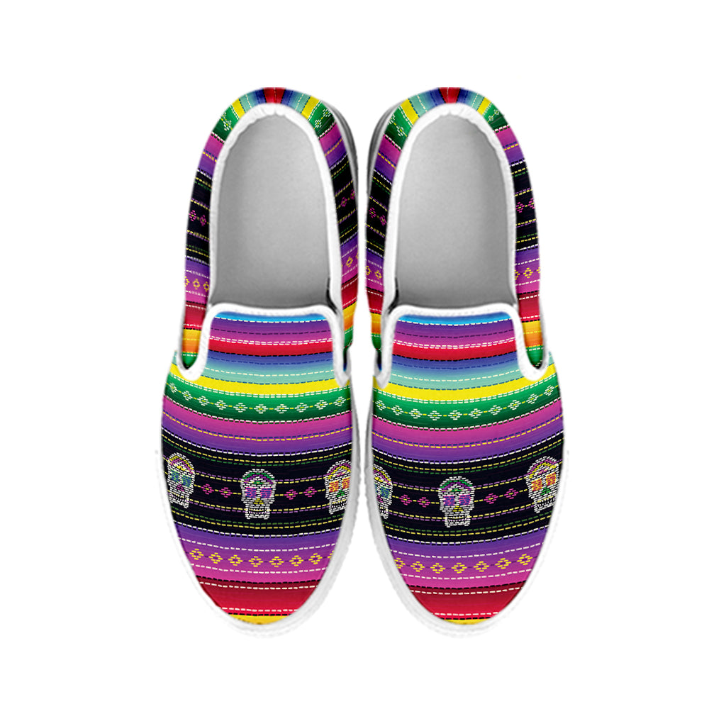 Sugar Skull Mexican Serape Pattern Print White Slip On Shoes