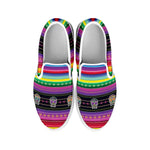 Sugar Skull Mexican Serape Pattern Print White Slip On Shoes