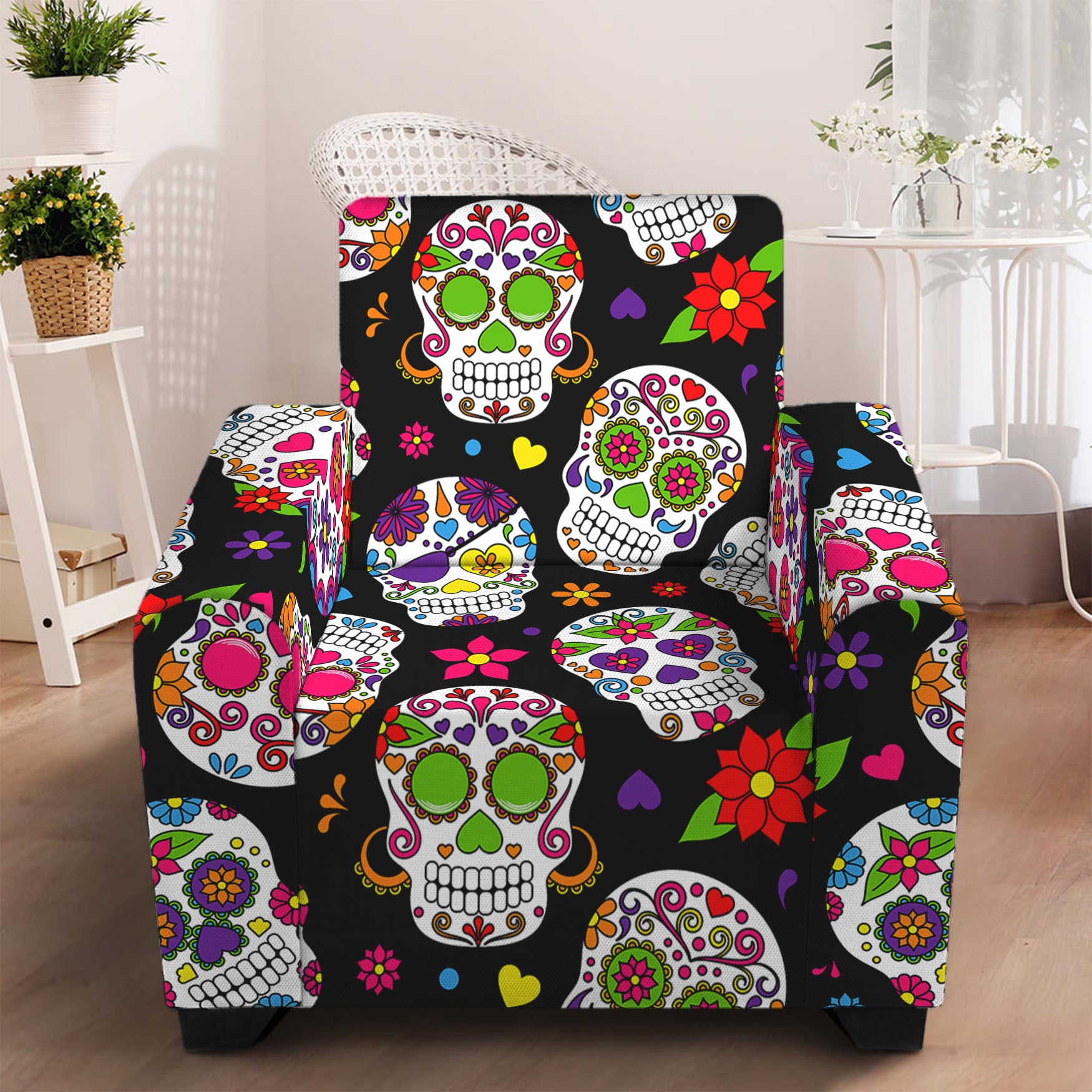 Sugar Skull Pattern Print Armchair Slipcover