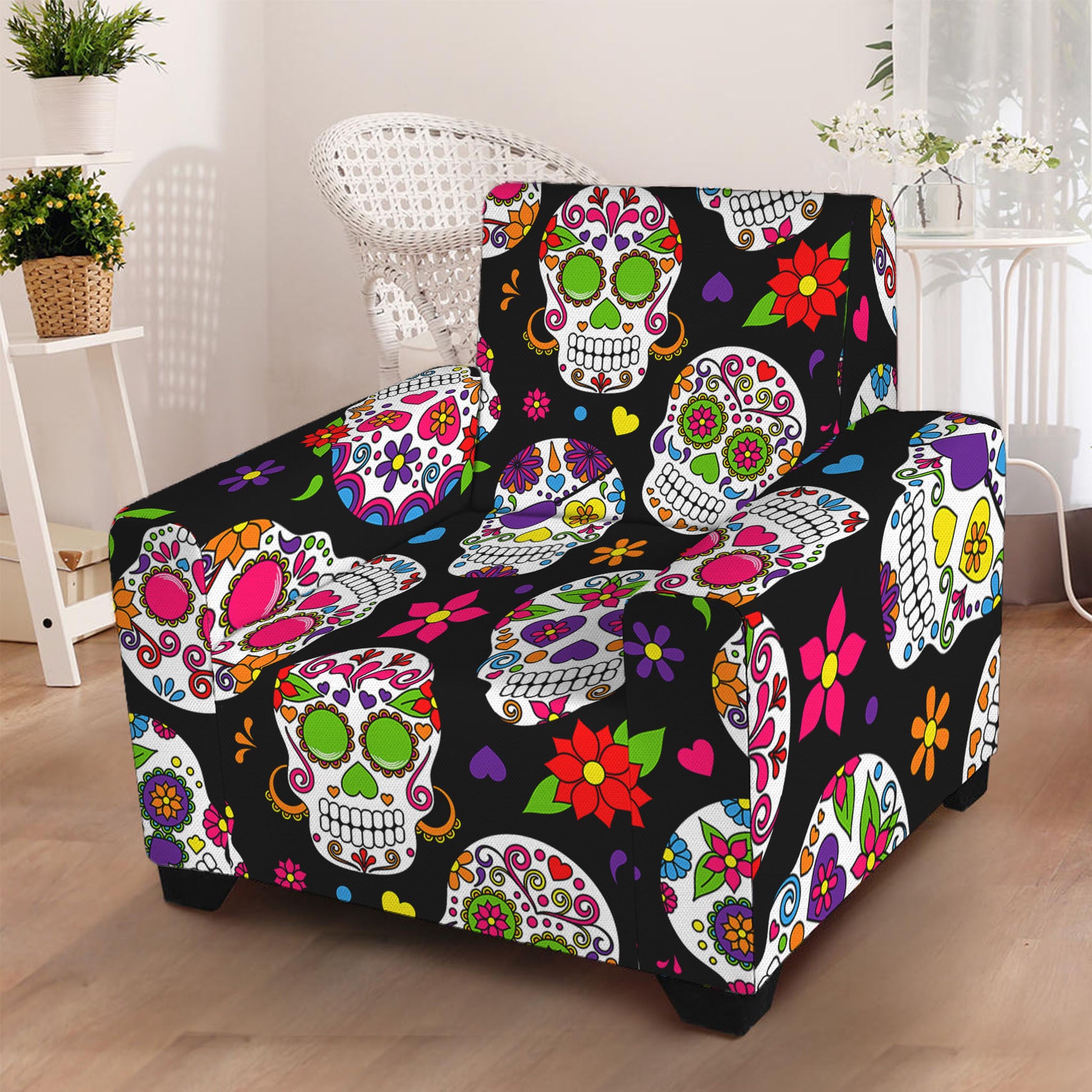 Sugar Skull Pattern Print Armchair Slipcover