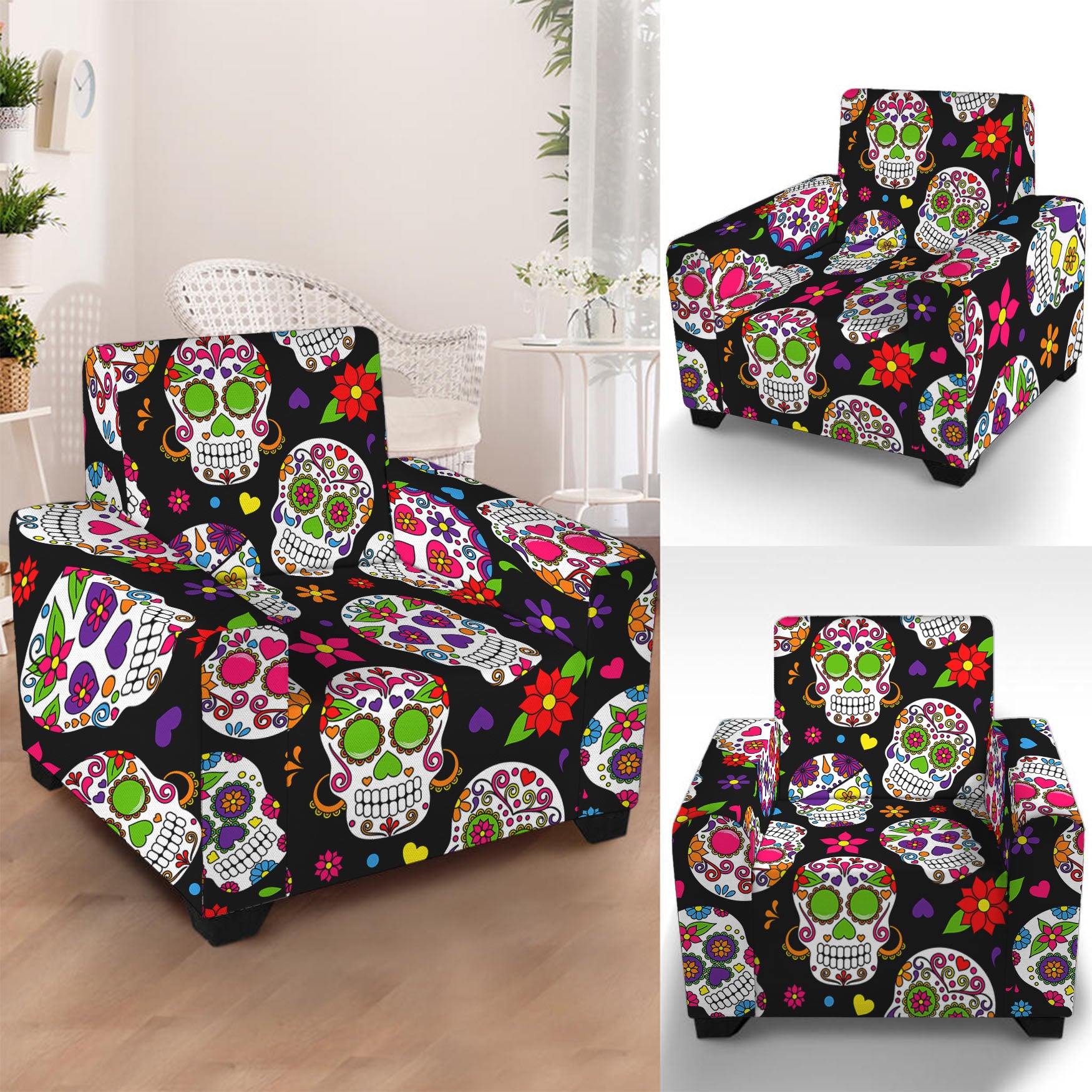 Sugar Skull Pattern Print Armchair Slipcover