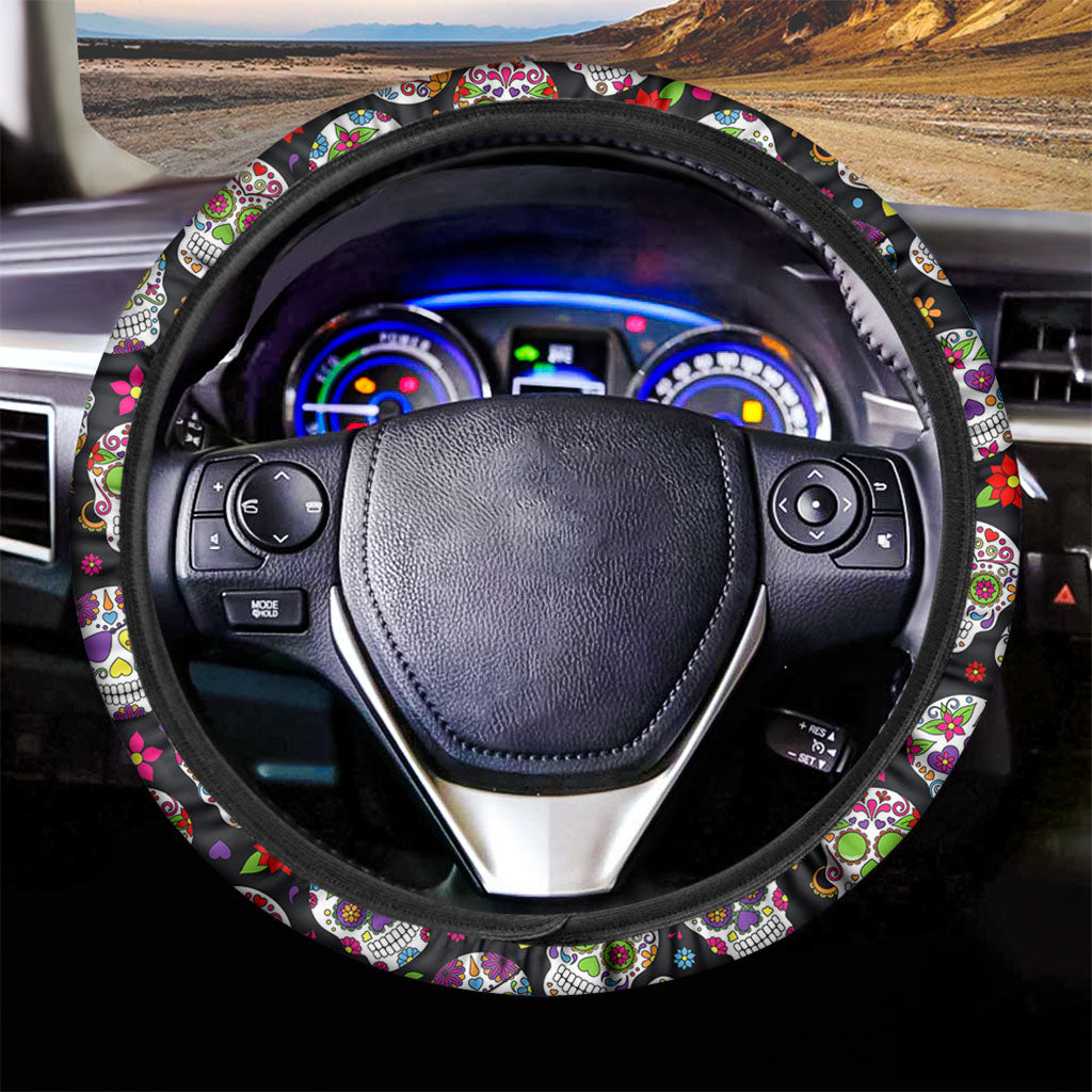 Sugar Skull Pattern Print Car Steering Wheel Cover