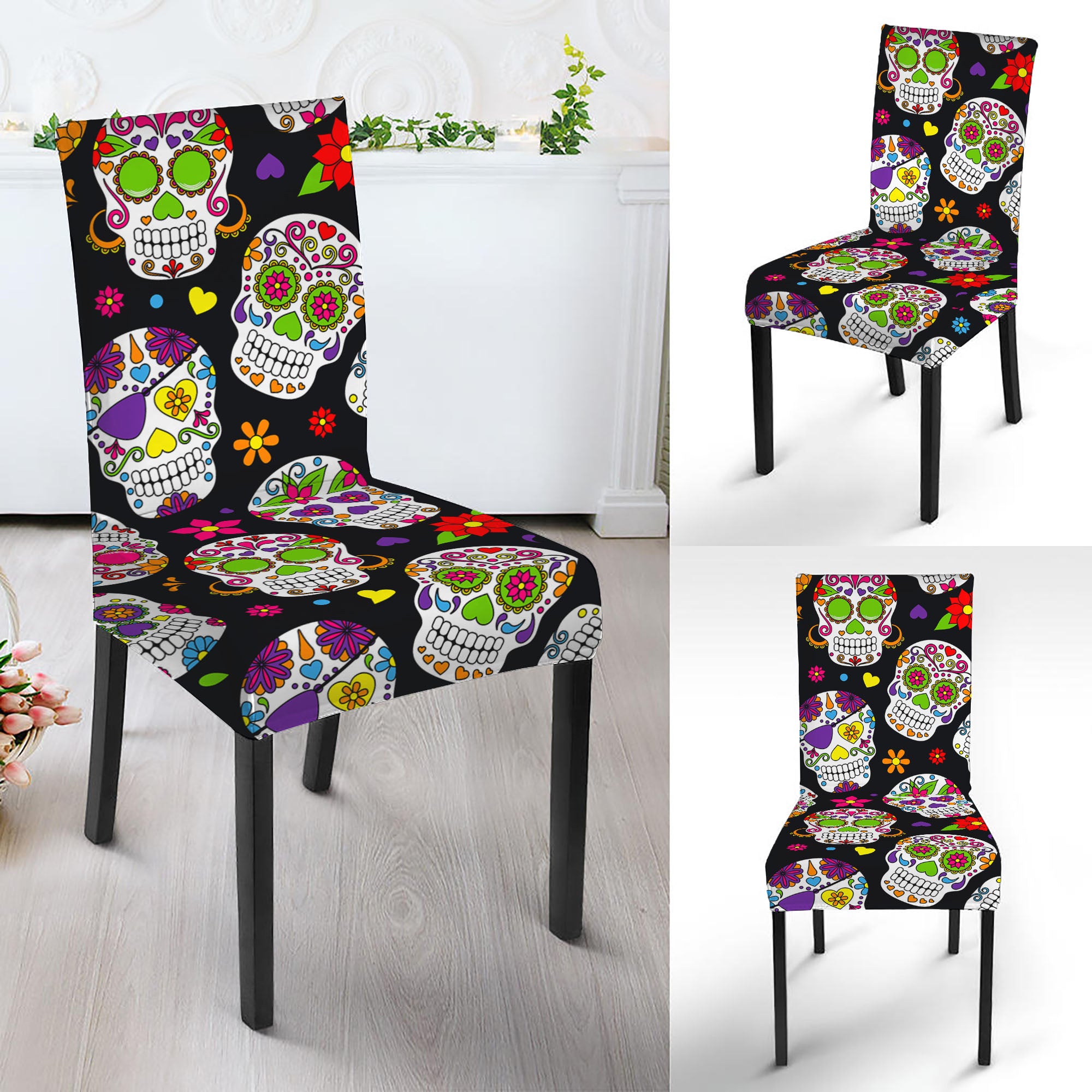 Sugar Skull Pattern Print Dining Chair Slipcover