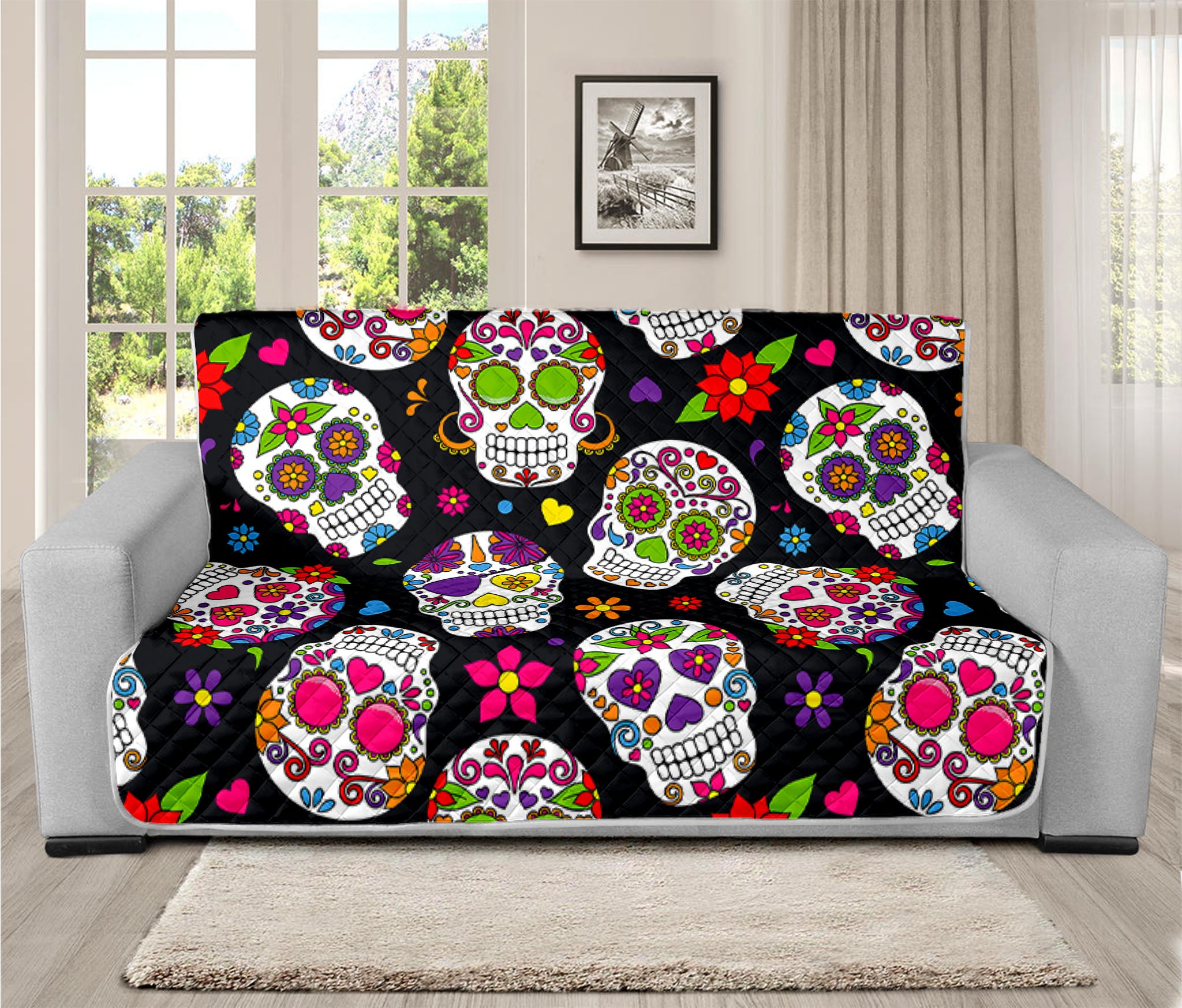 Sugar Skull Pattern Print Futon Protector